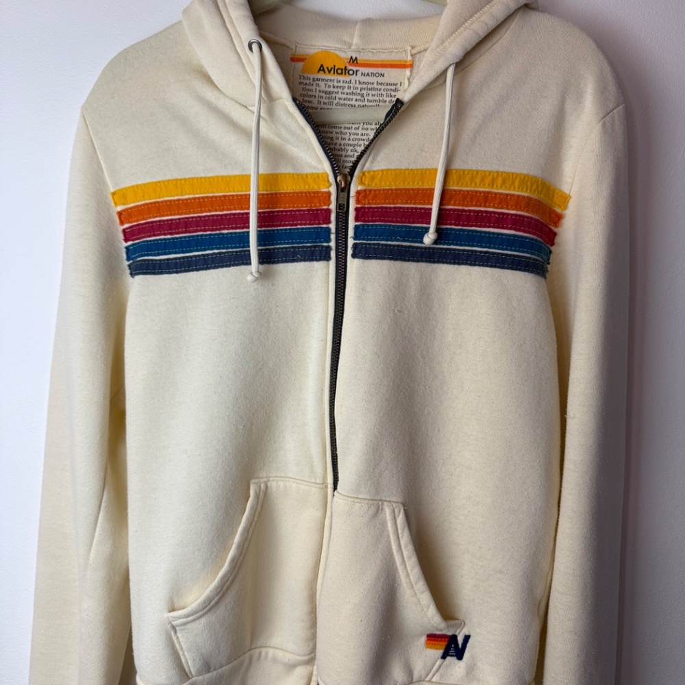 Aviator Nation Vintage White 🤍 5 stripe zip hoodie sweatshirt pre-loved Medium